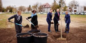 Zdjęcie przedstawia sadzenie drzewka